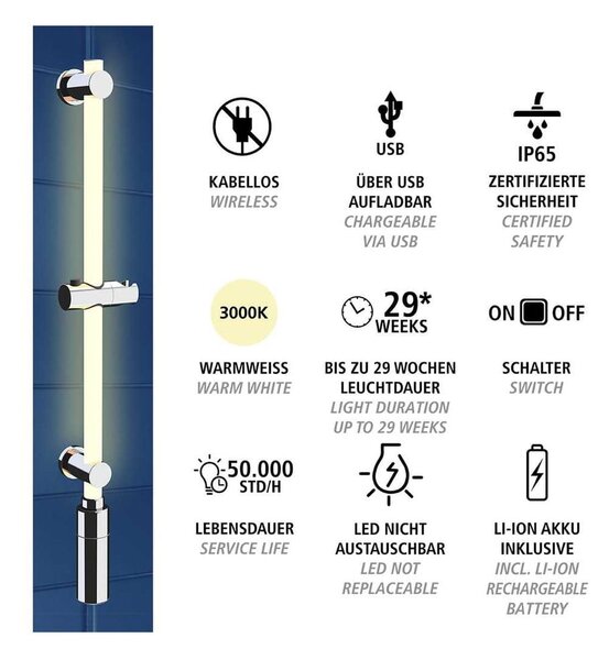 Asta doccia da parete color argento 74 cm LED - Wenko