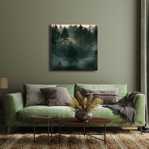 Quadro su tela – Foresta di conifere nella nebbia