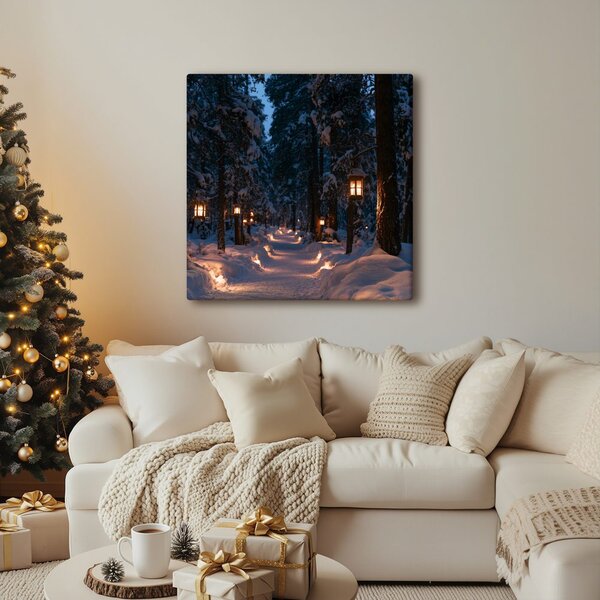Quadro su tela – Sentiero nel bosco al tramonto con lanterne
