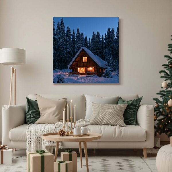 Quadro su tela – Magico chalet di tronchi di notte