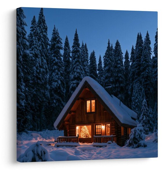 Quadro su tela – Magico chalet di tronchi di notte