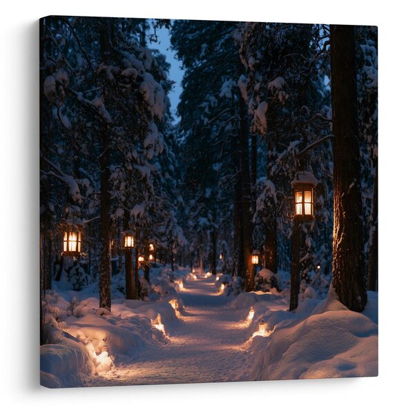 Quadro su tela – Sentiero nel bosco al tramonto con lanterne
