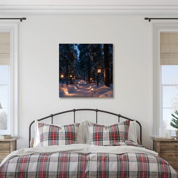 Quadro su tela – Sentiero nel bosco al tramonto con lanterne
