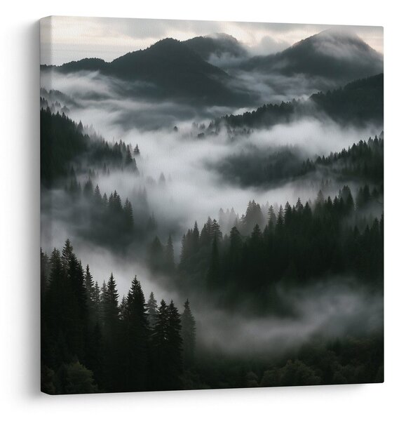 Quadro su tela – Montagne scure sopra la nebbia del bosco