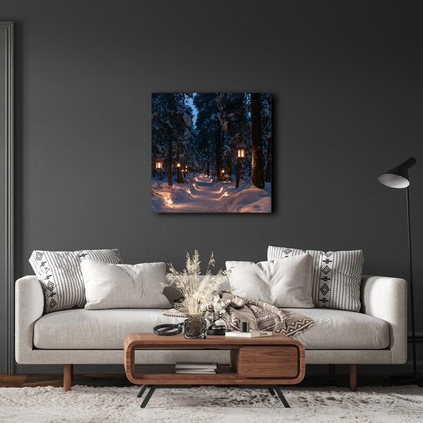 Quadro su tela – Sentiero nel bosco al tramonto con lanterne
