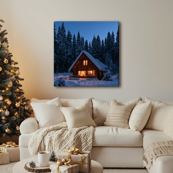 Quadro su tela – Magico chalet di tronchi di notte