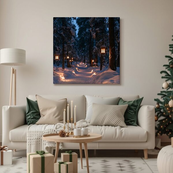Quadro su tela – Sentiero nel bosco al tramonto con lanterne