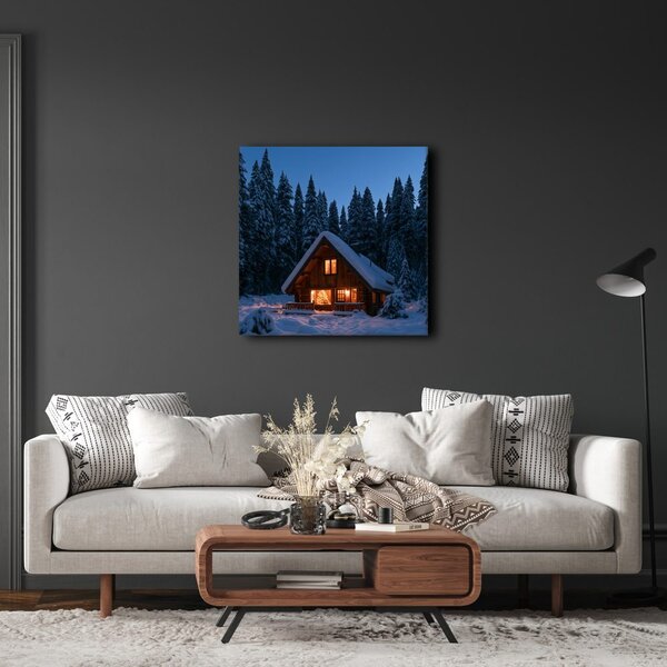 Quadro su tela – Magico chalet di tronchi di notte