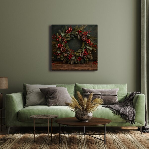 Quadro su tela – Ghirlanda invernale con pigne e candele