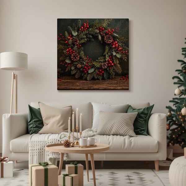 Quadro su tela – Ghirlanda invernale con pigne e candele