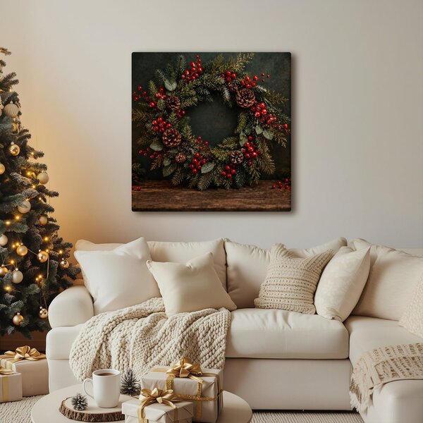 Quadro su tela – Ghirlanda invernale con pigne e candele