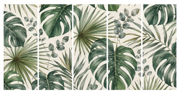 Quadri 5 pezzi – Foglie tropicali ad acquerello