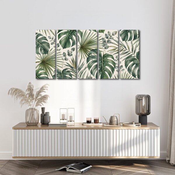 Quadri 5 pezzi – Foglie tropicali ad acquerello
