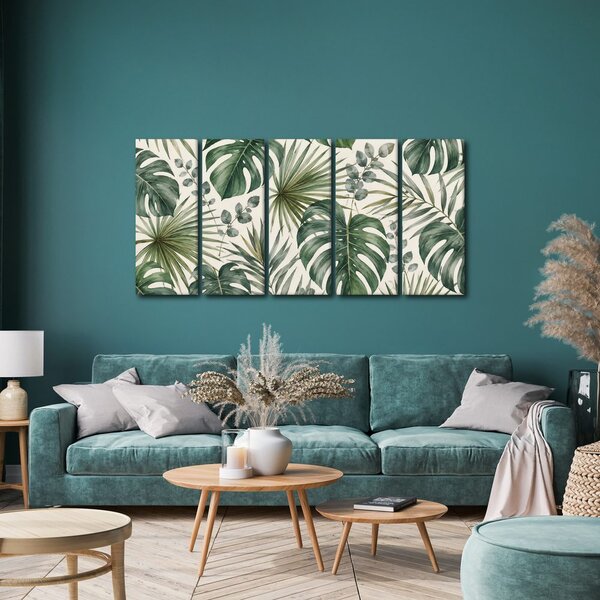 Quadri 5 pezzi – Foglie tropicali ad acquerello