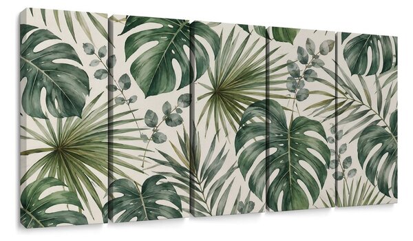 Quadri 5 pezzi – Foglie tropicali ad acquerello