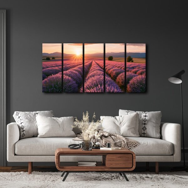 Quadri 5 pezzi – Campo di lavanda al tramonto