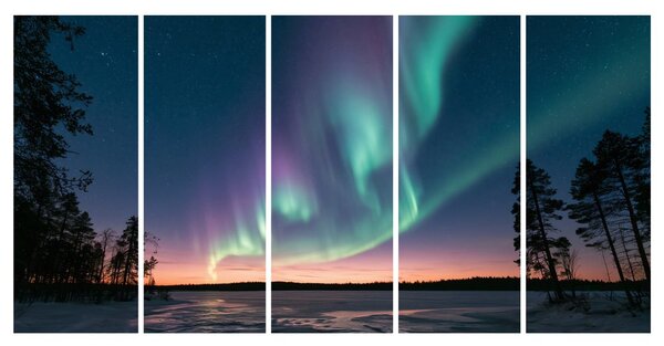 Quadri 5 pezzi – Aurora boreale sul lago