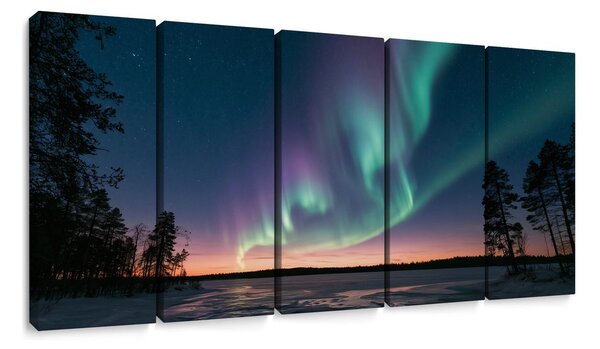 Quadri 5 pezzi – Aurora boreale sul lago