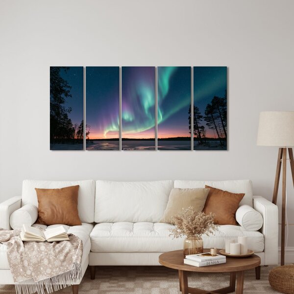 Quadri 5 pezzi – Aurora boreale sul lago