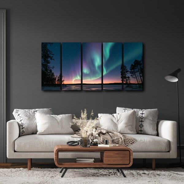 Quadri 5 pezzi – Aurora boreale sul lago
