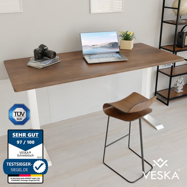 Scrivania regolabile in altezza (140 x 70 cm) - Scrivania per lavorare seduti o in piedi - Scrivania da ufficio regolabile elettricamente in altezza con touchscreen e gambe in acciaio - Bianco/Antico