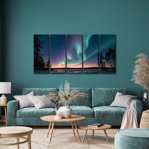 Quadri 5 pezzi – Aurora boreale sul lago