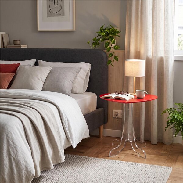 Tavolino, Comodino, in plexiglass LOVIA, Dimensioni 40x35xh 42 cm , Elegante forma di Cuore, colore trasparente e piano rosso cuore
