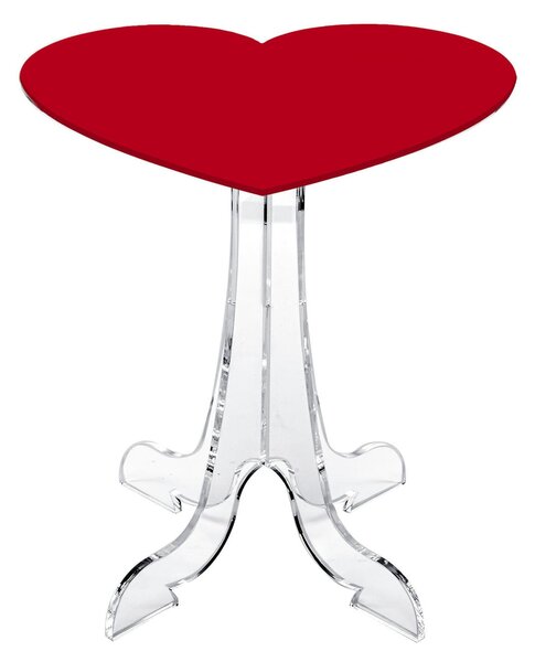 Tavolino, Comodino, in plexiglass LOVIA, Dimensioni 40x35xh 42 cm , Elegante forma di Cuore, colore trasparente e piano rosso cuore