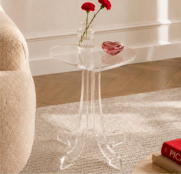 Tavolino, Comodino, in plexiglass, Linea LOVIA, Dimensioni 40x35xh 42 cm , Elegante forma di Cuore, colore trasparente e piano trasparente