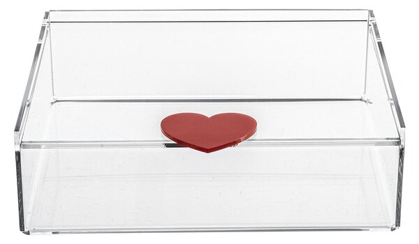 Scrigno, Porta preziosi in cristallo acrilico Linea LOVIA Dimensioni 22,5x34x h 8 cm colore trasparente con cuore rosso