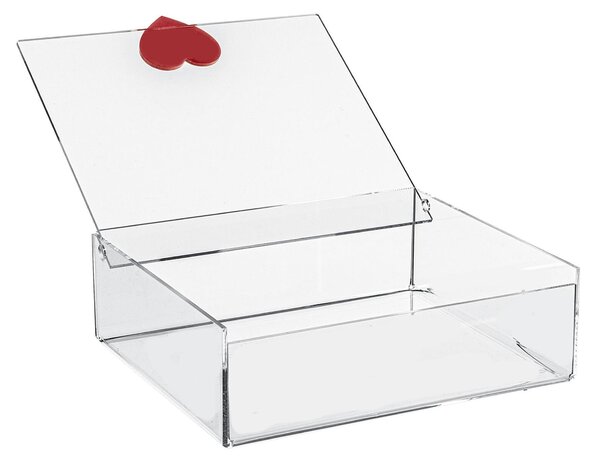 Scrigno, Porta preziosi in cristallo acrilico Linea LOVIA Dimensioni 22,5x34x h 8 cm colore trasparente con cuore rosso