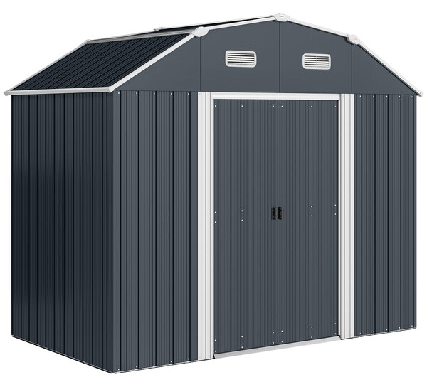 Outsunny Casetta da Giardino con Ripiani Regolabili e 2 Finestre, Capanno Porta Attrezzi in Acciaio, 238x132x198.5 cm, Grigio Scuro | Aosom Italy