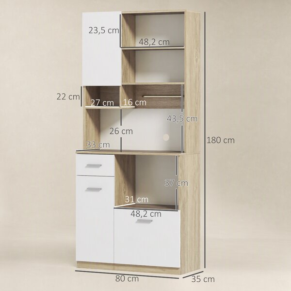 HOMCOM Mobile Dispensa in Legno con Cassetto, 3 Armadietti e 4 Ripiani Aperti, 80x35x180 cm, Bianco