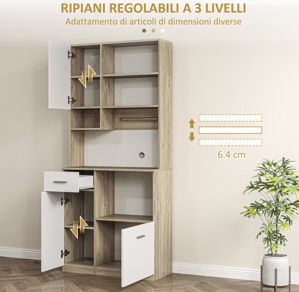 HOMCOM Mobile Dispensa in Legno con Cassetto, 3 Armadietti e 4 Ripiani Aperti, 80x35x180 cm, Bianco