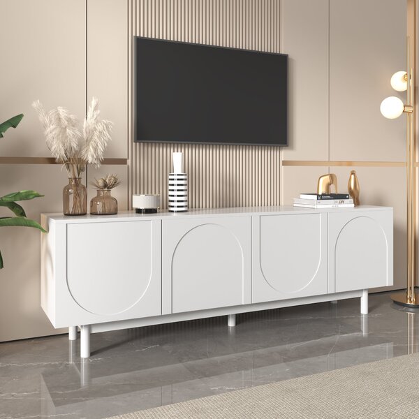 Mobiletto Porta TV Lussuoso e in Stile Elegant con Porte senza maniglie Strutturate e Ripiani Regolabili, 175x38x56 cm, Bianco|Aosom Italy