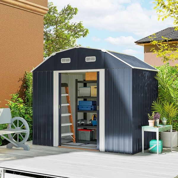 Outsunny Casetta da Giardino con Ripiani Regolabili e 2 Finestre, Capanno Porta Attrezzi in Acciaio, 238x132x198.5 cm, Grigio Scuro | Aosom Italy