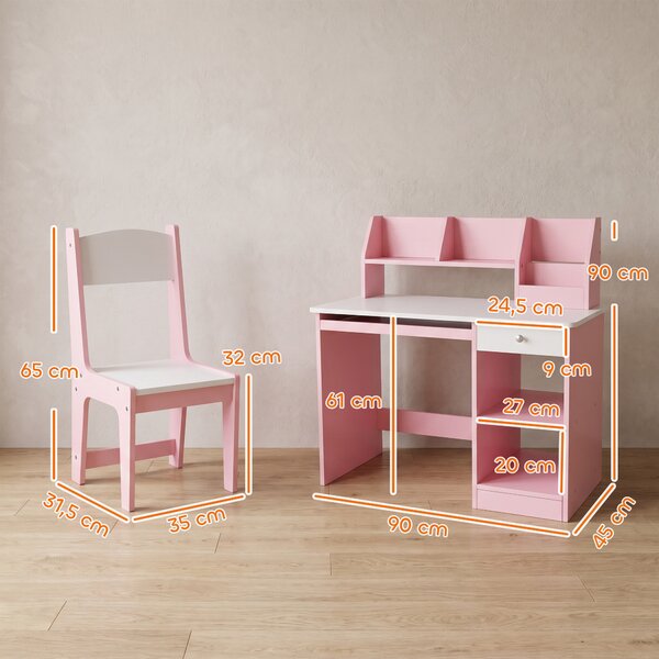 ZONEKIZ Tavolo Scrivania per Bambini 5-8 Anni con Sedia, Scaffale, Mensola Estraibile e Cassetto, Rosa | Aosom Italy