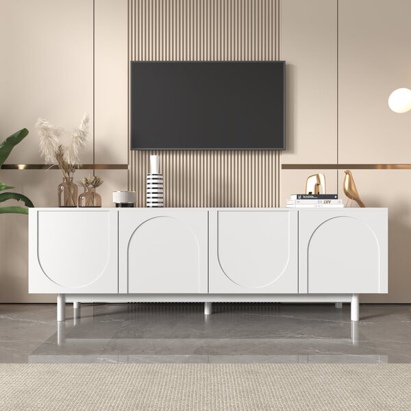 Mobiletto Porta TV Lussuoso e in Stile Elegant con Porte senza maniglie Strutturate e Ripiani Regolabili, 175x38x56 cm, Bianco|Aosom Italy