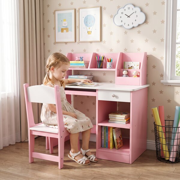 ZONEKIZ Tavolo Scrivania per Bambini 5-8 Anni con Sedia, Scaffale, Mensola Estraibile e Cassetto, Rosa | Aosom Italy