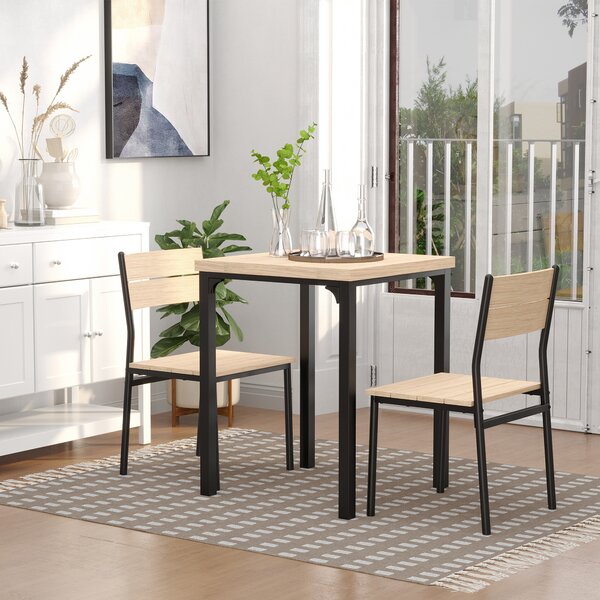 HOMCOM Set Tavolo da Pranzo con 2 Sedie per Casa e Cucina, Metallo e Legno Light Wood Grain Color, Black Frame Table: 60x60x76cm; Chair: 39.5x48x82.5cm