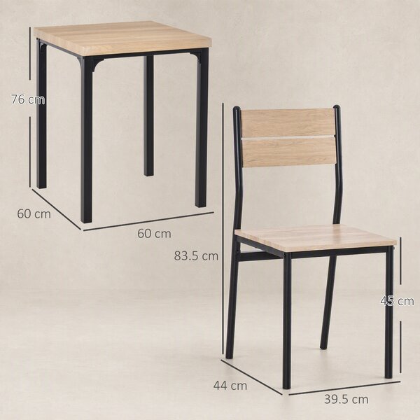 HOMCOM Set Tavolo da Pranzo con 2 Sedie per Casa e Cucina, Metallo e Legno Light Wood Grain Color, Black Frame Table: 60x60x76cm; Chair: 39.5x48x82.5cm