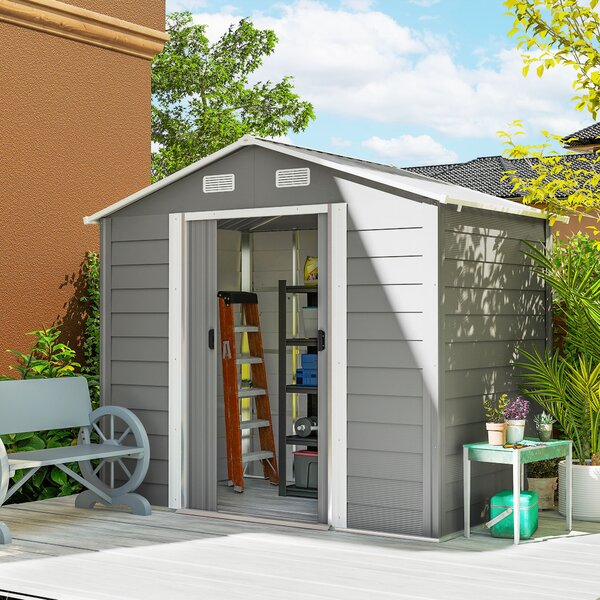 Outsunny Casetta da Giardino con Porte Scorrevoli e 4 Prese d'Aria, Capanno Attrezzi in Acciaio e PP, 196x236x208 cm, Grigio Chiaro | Aosom Italy