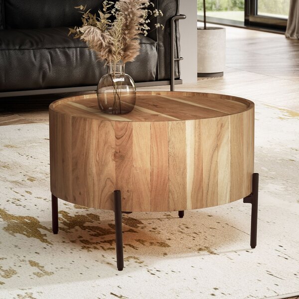 WOHNLING Tavolino da salotto in legno massello di acacia 60x60x41 cm, rotondo con struttura in metallo, tavolino da divano moderno, tavolino da salotto, tavolino da caffè, marrone / nero