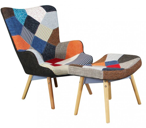 Poltrona con Poggiapiedi Versailles Patchwork 53x47x82 h cm in Legno Multicolor