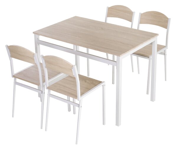 Set da Pranzo Tavolo e 4 Sedie in Metallo e MDF Bianco e Legno