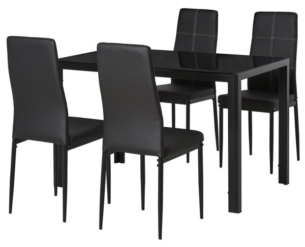 Set da Pranzo Tavolo con Piano in Vetro e 4 Sedie in Metallo e Similpelle Nero