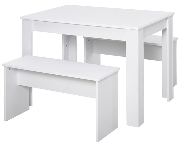 Set da Pranzo Tavolo e 2 Panche in Legno Truciolare Bianco