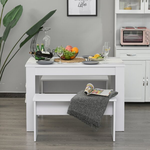 Set da Pranzo Tavolo e 2 Panche in Legno Truciolare Bianco