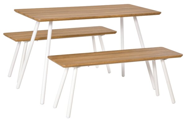 Set Tavolo da Pranzo con 2 Panche in MDF e Metallo Bianco