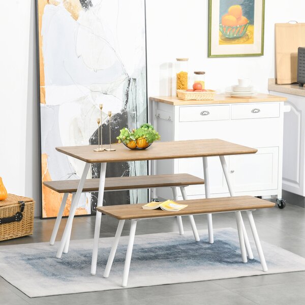 Set Tavolo da Pranzo con 2 Panche in MDF e Metallo Bianco